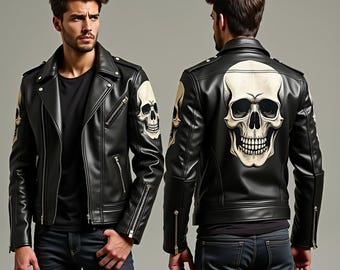 Handmade Black Leather Biker Jacket with Skull Embroidery – Rocker Gothic Punk Style