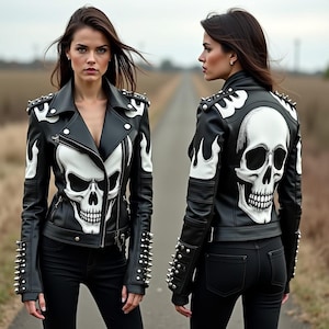Handmade Punk Rock Skull Leather Jacket - Women&#39;s Studded Moto Biker Jacket with Spikes & Skull Art - Customizable Gothic Fashion