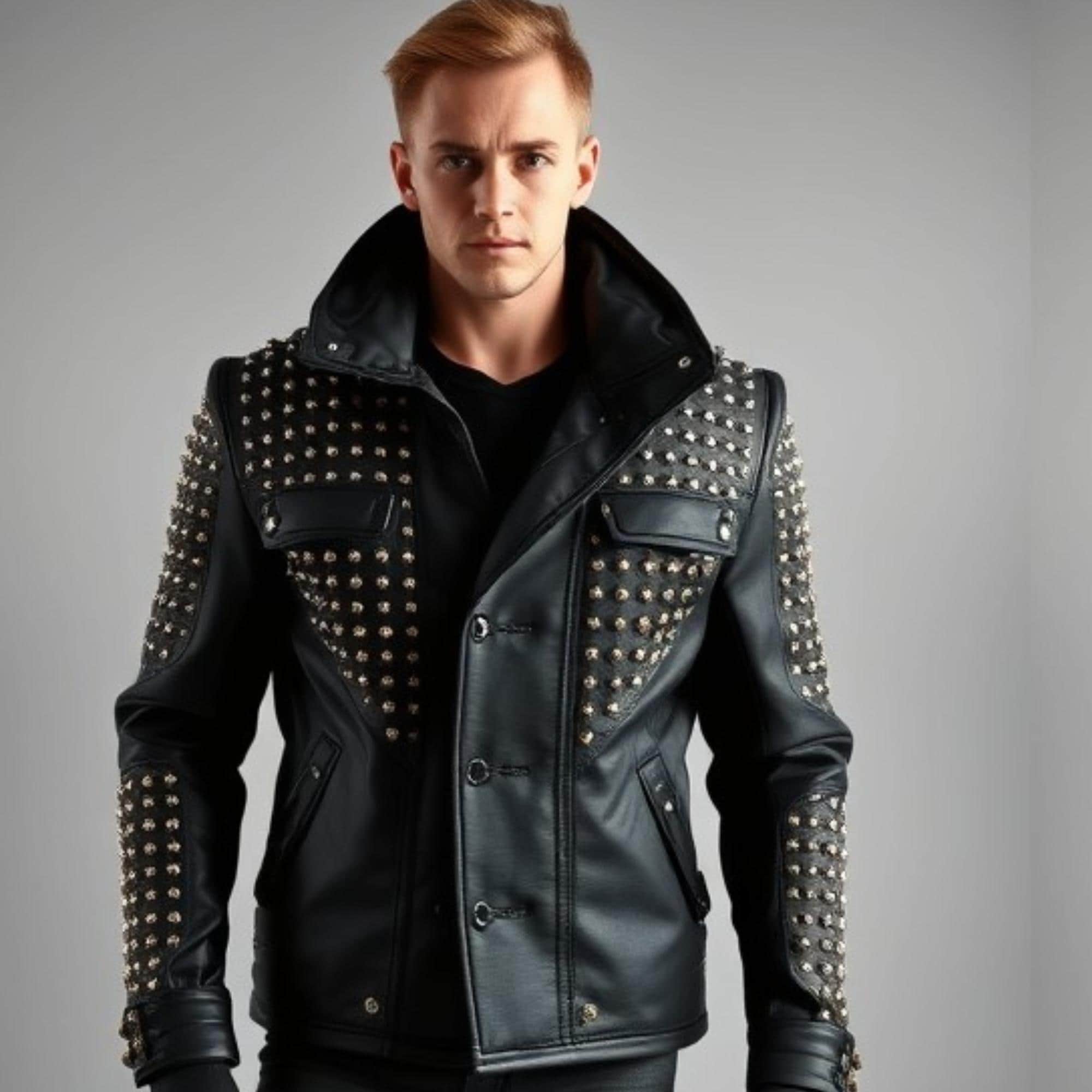 ハンドメイドのブラックレザースタッズジャケット：メンズバイカー