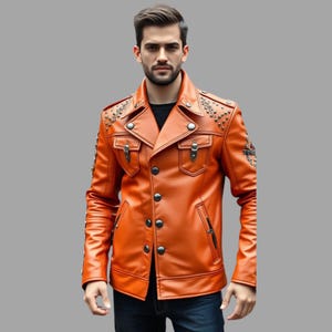 May include: A bright orange leather jacket with a button-up front, multiple pockets, and decorative studs. The jacket has a collar and long sleeves.