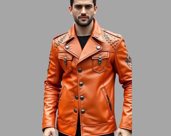 Handmade Orange Leather Studded Biker Jacket for Men – Punk Rock Style Embroidered Motorcycle Coat – Custom Fit Genuine Leather Outerwear