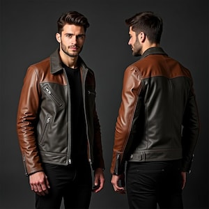 Puede incluir: Chaqueta de cuero de dos tonos en marr&oacute;n y gris oscuro. La chaqueta presenta un dise&ntilde;o cl&aacute;sico con cuello, m&uacute;ltiples bolsillos con cremallera y cierre frontal con cremallera. El modelo lleva pantalones negros.