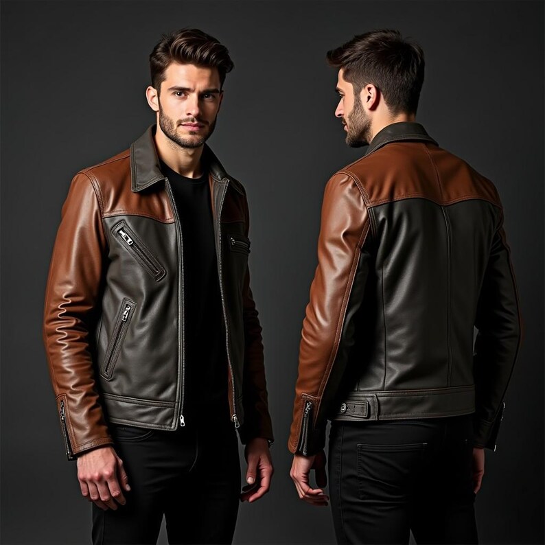 Puede incluir: Chaqueta de cuero de dos tonos en marr&oacute;n y gris oscuro. La chaqueta presenta un dise&ntilde;o cl&aacute;sico con cuello, m&uacute;ltiples bolsillos con cremallera y cierre frontal con cremallera. El modelo lleva pantalones negros.