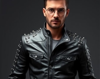 Handmade Studded Black Leather Jacket: Men's Biker Rock Fashion