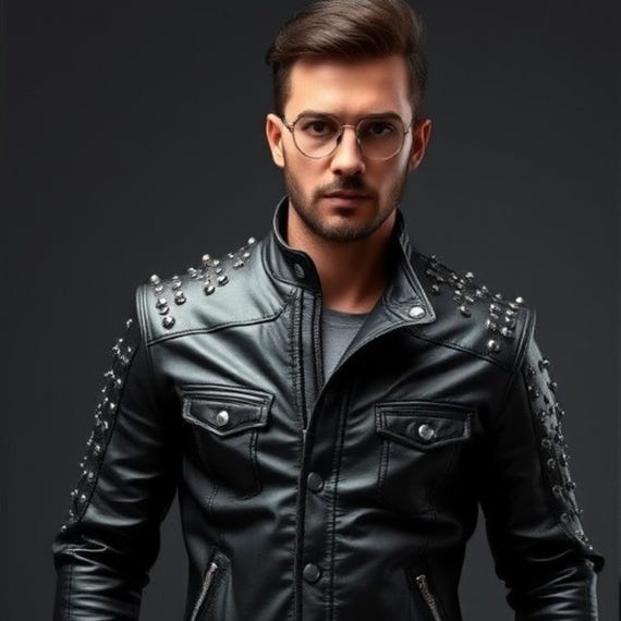 Jaqueta de couro preta com tachas feita à mão: moda rock - Main Image