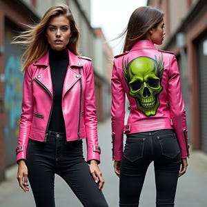 Handmade Pink Leather Biker Jacket with Airbrushed Green Skull Art – Custom Women’s Moto Jacket – Edgy Punk Rock Style – Festival Streetwear