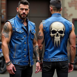 Può includere: Un gilet in pelle blu con borchie e bottoni color oro. La parte posteriore del gilet presenta una grafica a teschio. Il gilet ha un classico stile biker con colletto e tasche multiple. Il modello indossa jeans neri e una maglietta nera.