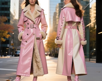 Genuine Leather Women’s Long Trench Coat – Luxury Pink & Cream Designer Winter Coat, Handmade Real Leather Outerwear