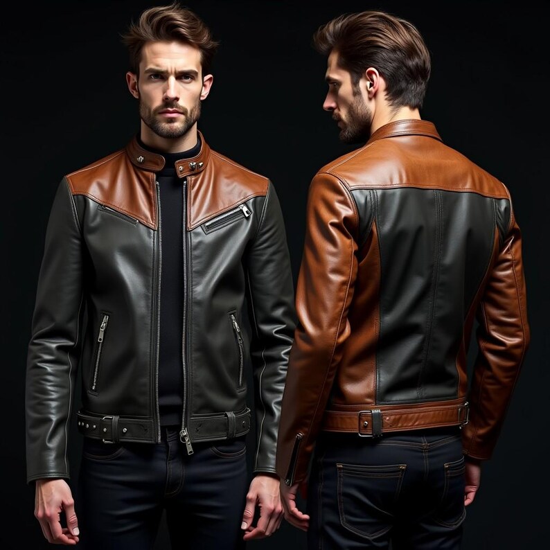 Puede incluir: Chaqueta de cuero de dos tonos con secci&oacute;n superior marr&oacute;n y secci&oacute;n inferior negra. La chaqueta tiene cierre de cremallera, m&uacute;ltiples bolsillos y cintur&oacute;n en la cintura. El modelo lleva vaqueros azul oscuro.