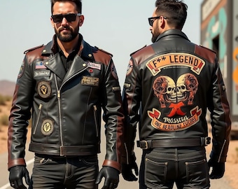 Handmade Leather Biker Jacket: Skull & Patches, Rocker Style