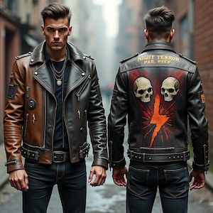 Pode incluir: Casaco de couro castanho e preto com um estilo motociclista clássico. O casaco apresenta um fecho frontal, vários bolsos e um patch decorativo. A parte de trás do casaco tem um gráfico de duas caveiras, um raio e o texto "NIGHT TERROR PAR. WEEP."