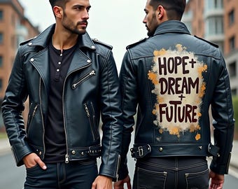 Hand-Painted Leather Jacket: Hope Dream Future - Custom Streetwear