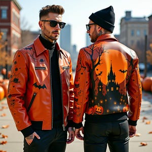 May include: Two orange leather jackets with Halloween designs. One has bats and pumpkins, the other a haunted castle and full moon. Both have black trim and zips. The jackets are worn by two people.