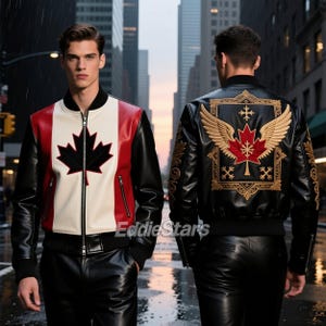 Op de afbeelding: Zwarte leren bomberjack met een rood-wit Canadees vlagontwerp op de voorkant en een esdoornbladembleem. De achterkant van de jas heeft een goud geborduurd ontwerp met een esdoornblad en vleugels. De jas heeft een ritssluiting en een zwarte leren broek.
