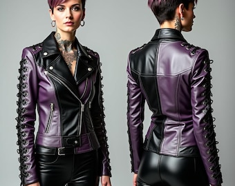 Handmade Women’s Purple & Black Leather Corset Biker Jacket – Lace-Up Gothic Moto Jacket | Custom Designer Punk Streetwear Gift for Her
