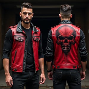 Op de afbeelding: Een rode leren vest met zwarte accenten en een zwart schedelontwerp op de rug. Het vest heeft een zwarte kraag, zakken en zilverkleurige hardware. Het vest wordt van voren en van achteren getoond.