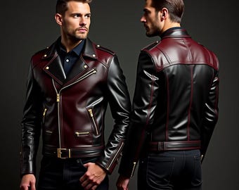 Handmade Men&#39;s Leather Jacket – Black and Burgundy Moto Style, Custom Fit, Gift for Him, Biker Jacket, Premium Quality