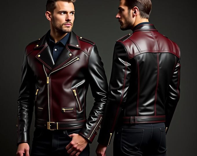 Handmade Black & Burgundy Leather Moto Jacket: Custom Biker Style