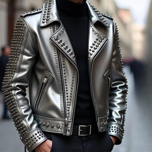 Handmade Men&#39;s Silver Studded Leather Jacket – Skull Embroidered Punk Rock Biker Jacket – Custom Gothic Metal Spikes Moto Jacket