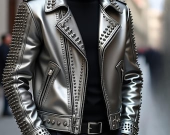 Handmade Men&#39;s Silver Studded Leather Jacket – Skull Embroidered Punk Rock Biker Jacket – Custom Gothic Metal Spikes Moto Jacket
