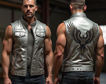 Handmade Silver Faux Leather Biker Vest: Eagle Patch, Studded Rocker Style