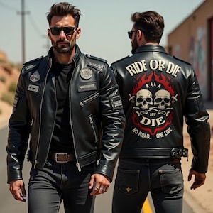 Handgefertigte Leder Bikerjacke für Herren – “Ride or Die” Twin Skull Design – Rebel Rock Streetwear Stil