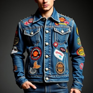 Pode incluir: Uma jaqueta de ganga azul com vários patches e tachas coloridas. Os patches apresentam diferentes designs, incluindo pássaros, bandeiras e texto.