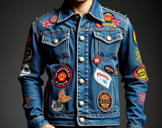 Handmade Punk Denim Jacket: Spikes, Patches & Studs - Men's Streetwear