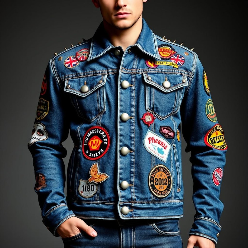 May include: A blue denim jacket with various colorful patches and studs. The patches feature different designs, including birds, flags, and text.