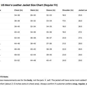 Puede incluir: Tabla de tallas para chaquetas de cuero de EE. UU., corte regular, con medidas en pulgadas para pecho, cintura, manga, hombro y largo de chaqueta. Tallas de XS a 5XL. Incluye una nota sobre el ajuste.