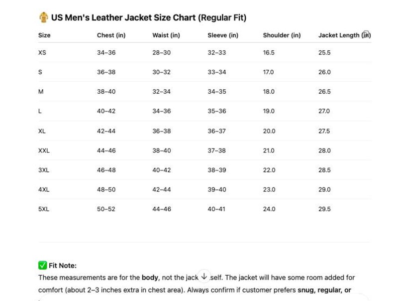 Puede incluir: Tabla de tallas para chaquetas de cuero de EE. UU., corte regular, con medidas en pulgadas para pecho, cintura, manga, hombro y largo de chaqueta. Tallas de XS a 5XL. Incluye una nota sobre el ajuste.