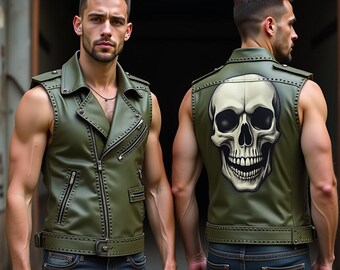 Handgemachte Olivgrüne Leder Bikerweste mit Skull Patch, Punk Rock Moto Style