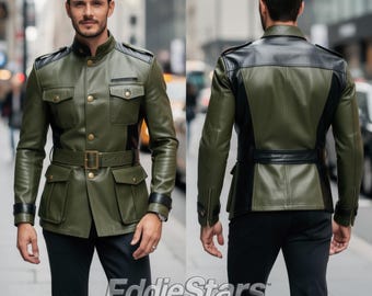 Mens Military Leather Jacket, Olive Green Cowhide Field Coat, Utility Safari Jacket for Men