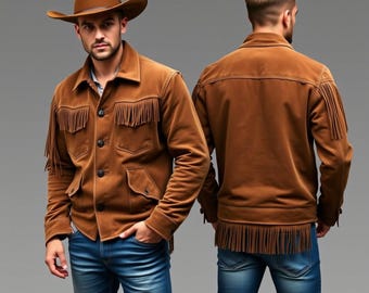 Handgjord westernjacka med mocka och fransar: Cowboy Rodeo-kappa för män