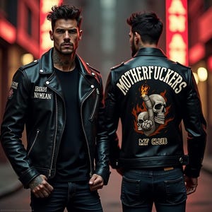 Handmade Custom MF Club Skull Biker Jacket – Edgy Leather Outerwear with Flames & Rebel Graphic – Men’s Rock Style Streetwear