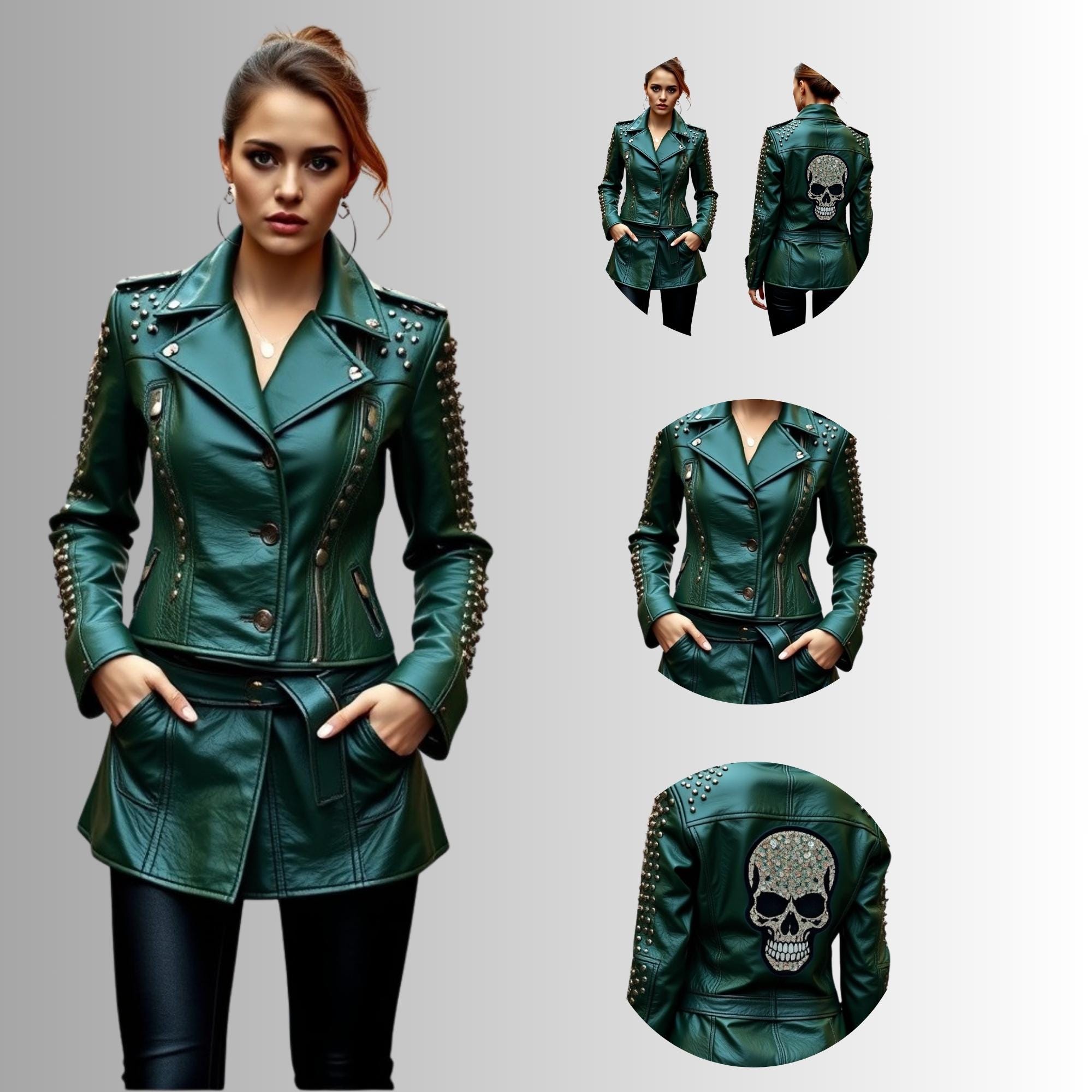 Handmade Emerald Green Studded Faux Leather Biker Jacket - Custom