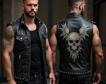 Handmade Black Leather Biker Vest: Skull Wings Graphic, Sleeveless Motorcycle Jacket