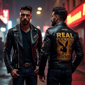 Peut inclure: Veste de motard en cuir noir avec col à revers et fermeture éclair asymétrique. Le dos de la veste affiche le texte "REAL FUCKERS" au-dessus d'un logo Playboy. Le modèle porte un jean bleu. Scène de rue.