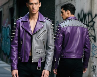 Handmade Purple & Gray Spiked Leather Biker Jacket - Moto Rocker Style
