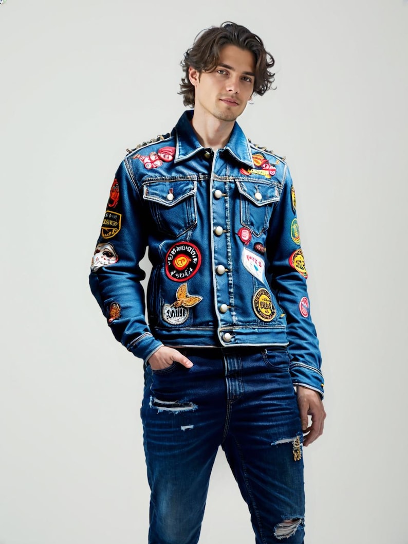 May include: A blue denim jacket with a variety of colorful patches and embellishments. The jacket has a button-up front and long sleeves.