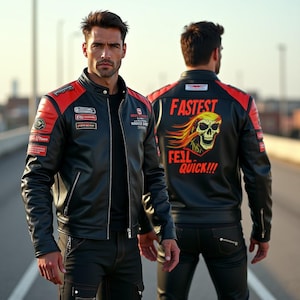 May include: Black leather motorcycle jacket with red shoulder accents and patches. The back of the jacket features a skull graphic with the words "FASTEST FEEL QUICK!!!". The jacket has a classic biker style with a zip-up front and a stand-up collar.