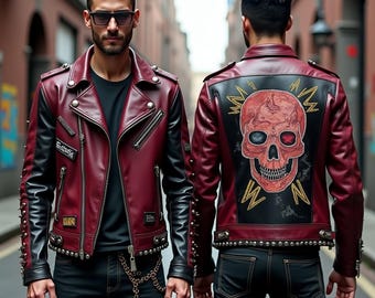 Handmade Flaming Skull Leather Biker Jacket: Custom Punk Gothic Fashion