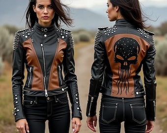 Hand-Painted Skull Moto Jacket: Women's Studded Leather Biker - Gothic Fashion