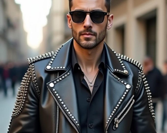 Handmade Black Leather Studded Biker Jacket: Rockstar Skull Moto Jacket