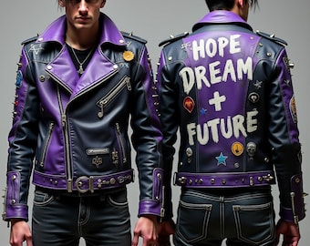 Chaqueta de motociclista de cuero hecha a mano: detalles morados, púas y estilo punk rock.