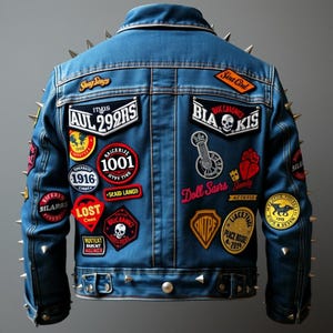 May include: A blue denim jacket with a variety of colorful patches, including a skull and crossbones, a guitar, and a heart. The jacket has silver studs on the shoulders and around the edges.