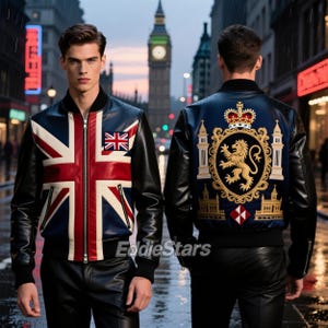 May include: Black leather bomber jacket with a Union Jack design on the front and a crest on the back. The jacket features a zipper closure and black ribbed cuffs and hem. The background shows a city street with Big Ben.