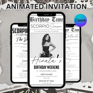 Peut inclure: Invitation animée sur trois smartphones. L'invitation est pour le week-end d'anniversaire d'Hinata, avec une photo d'une femme. Le texte comprend les dates, le lieu et les informations RSVP. Le design est en noir et blanc avec un logo Canva.