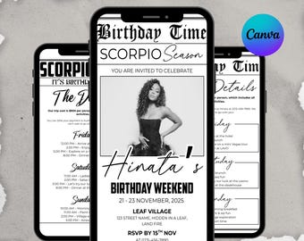 Digital Scorpio Birthday Weekend Newspaper Evite, Digital Scorpio Birthday Girl Trip Newspaper Invite, Birthday Itinerary, Canva Editable