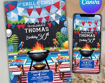 4th of July BBQ Invitation: Independence Day Party Evite (Canva Editable Digital Download